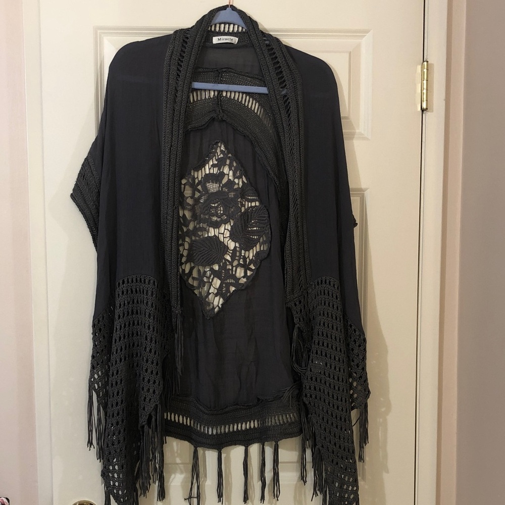 Grey Crochet Fringe Kimono Cardigan